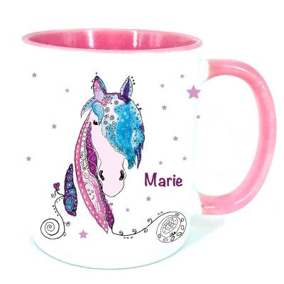 Tasse Pferd Name, personalisierte Geschenke,  Pferdetasse rosa für Mädchen, Kinder-Becher rosa