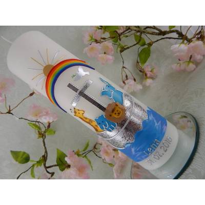 Taufkerze Arche Noah  250/70 mm Tiere Regenbogen Fische Sonne Wasser Namenskette Name Datum Spruch individualisierbar Jungen Mädchen