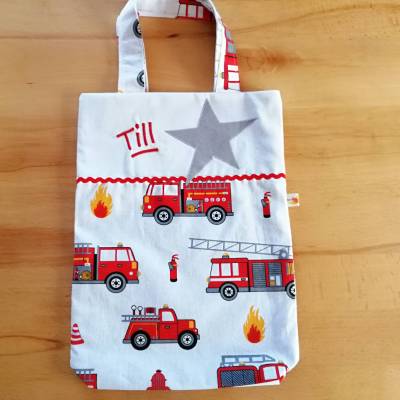 Kita-Tasche mit Namen – Personalisierter Baumwollbeutel für Kinder, handgefertigt, Feuerwehr Autos