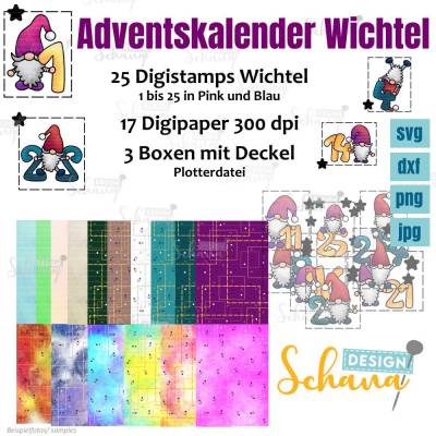 Adventskalender basteln Wichtel-Advents-Kalender mit Digistamps Digipaper Schneidedatei Boxen PNG JPG SVG dxf