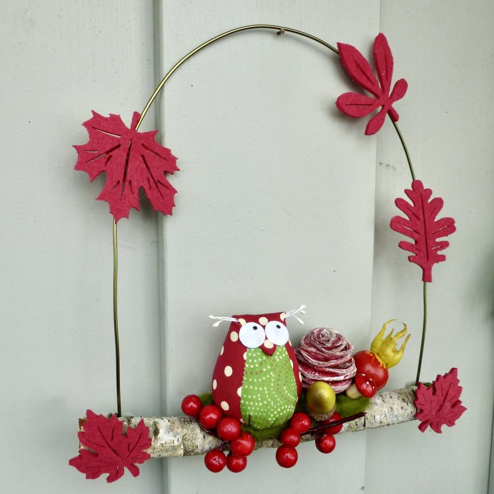 Herbst-Fensterdeko, Türkranz* mit Eule und Fliegenpilz auf Ast Bild 4