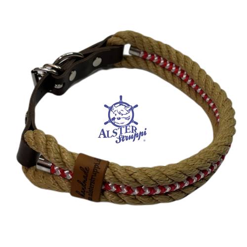 Hundehalsband, verstellbar, natur, rot, braun, weiß, Leder und Schnalle 