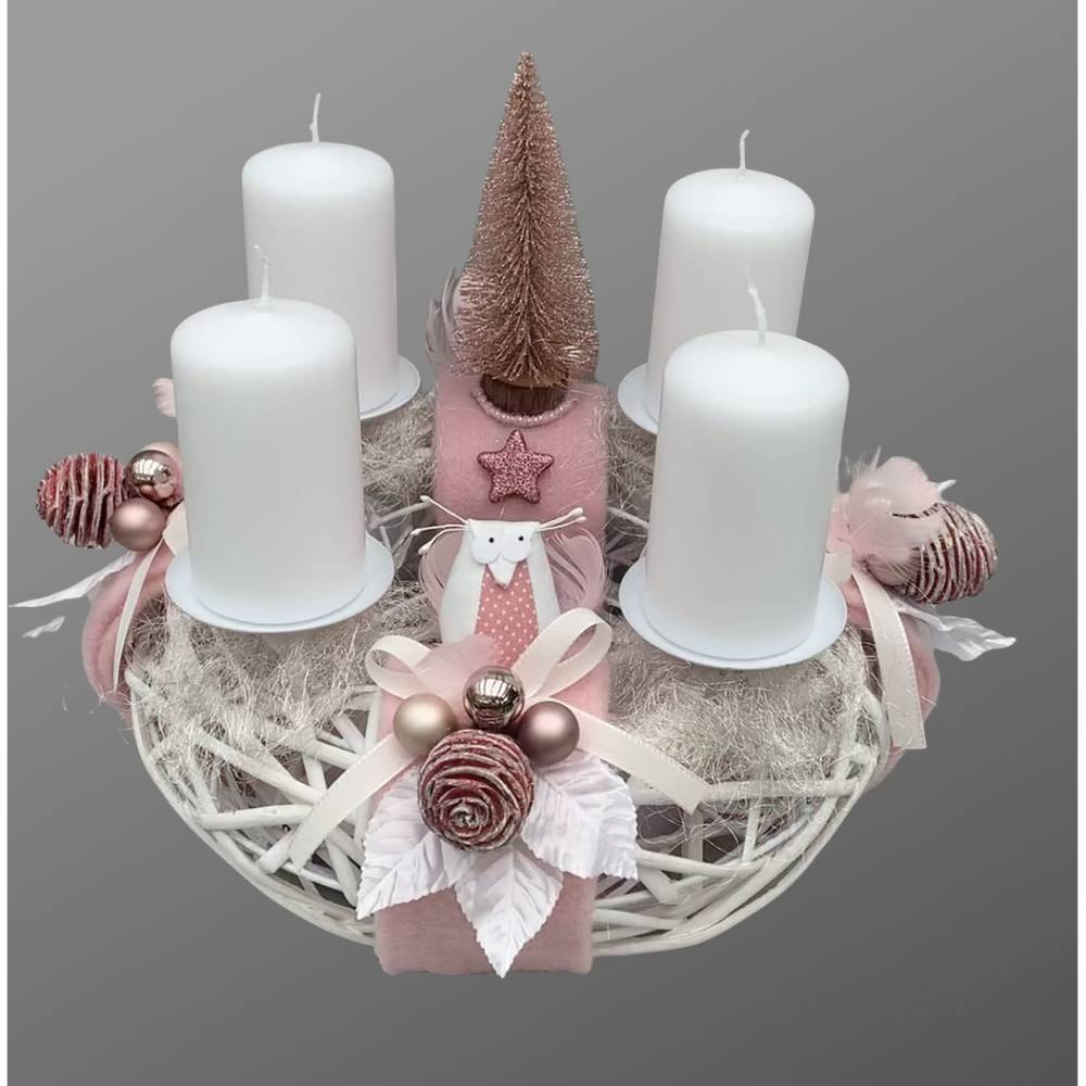 Adventskranz aus Holz / Weide in Rosa-Weiß mit Eule