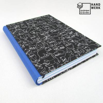 Notizbuch, A5, Katze, schwarz weiß, blau, 300 Seiten, handgefertigt, Hardcover, Punkte