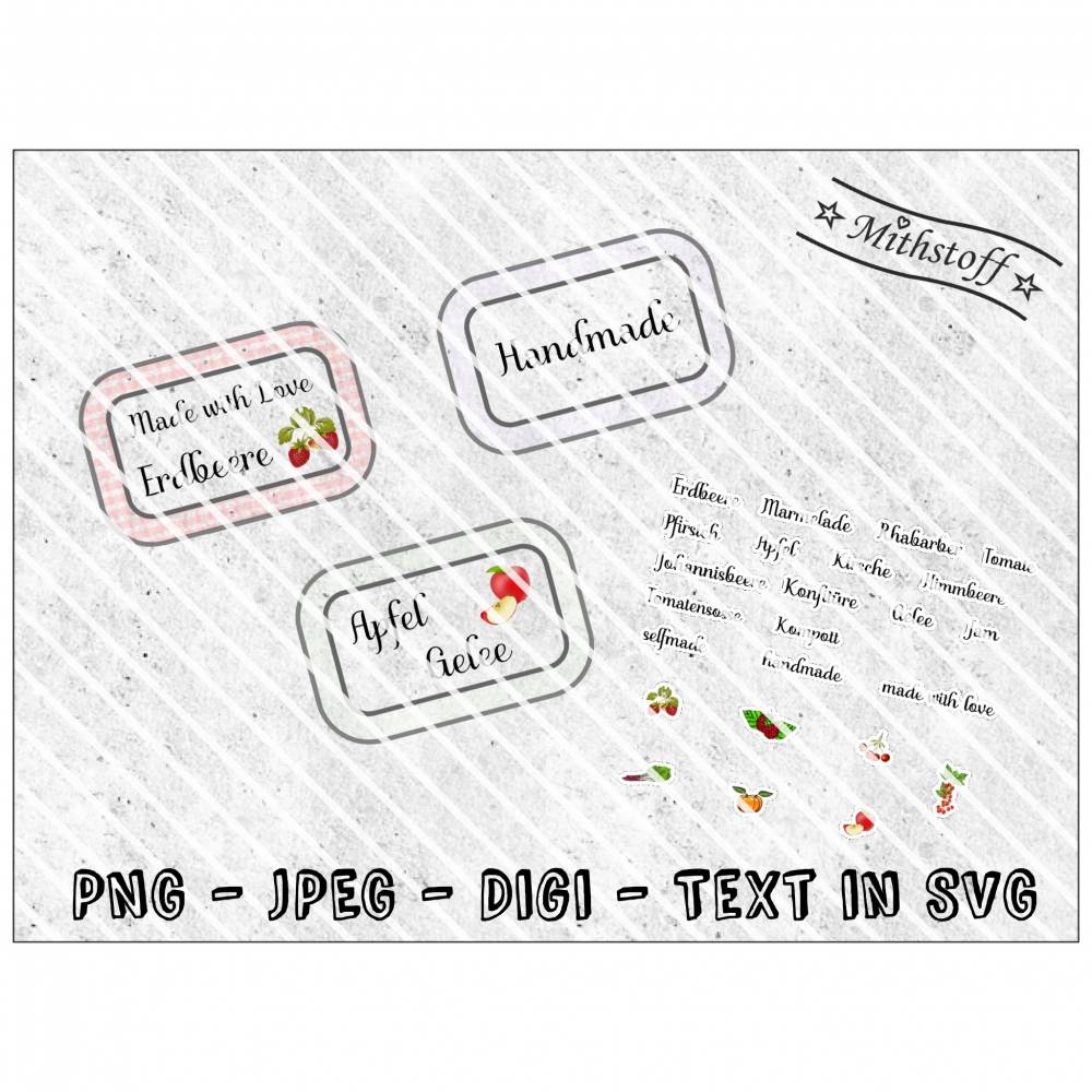 Datei - Etiketten - Einmachen - JPEG - PNG - Text in SVG - Label Marmelade Erdbeeren Himbeere Johannisbeere Rhabarber Pf Bild 1