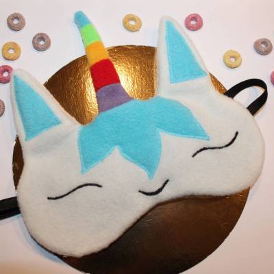 Schlafmaske, Schlafbrille einhorn unicorn aus Fleece hellblau
