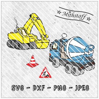 Plotterdatei - Baustelle - Bagger - Betonmischer - SVG - DXF - Datei