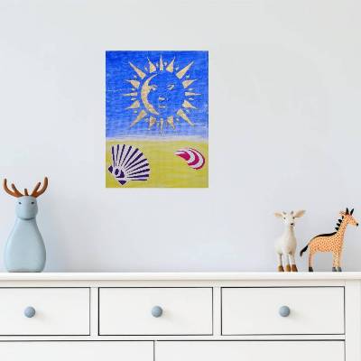 Bild mit Sonne und Muscheln auf Leinwand 18x24 Malerei 