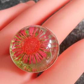 Versilberter Ring mit getrockneter Blume – Harzkuppel, Cabochon, One Size