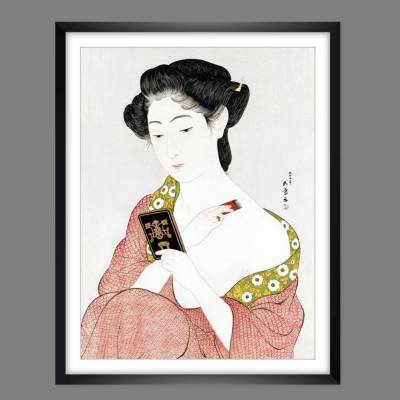 Japanische Kunst - Holzschnitt 1920 -  Frau macht Make up - Kosmetik - Kunstdruck Poster Vintage Badezimmer