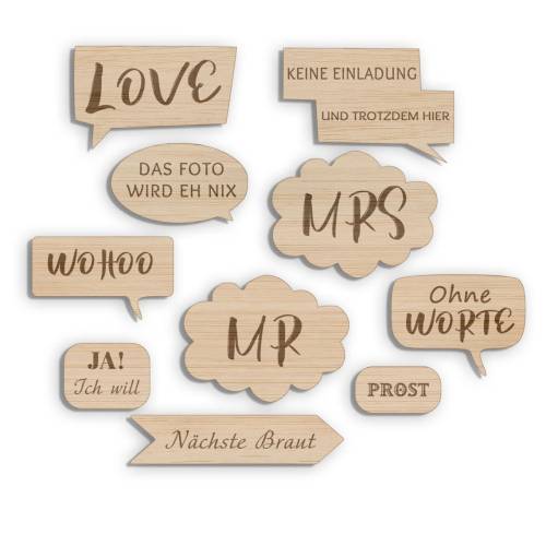 Robuste Photo Booth Fotobox Requisiten Schilder und Sprüche graviert auf Holz | Wedding Props Zubehör für Hochzeit - Set