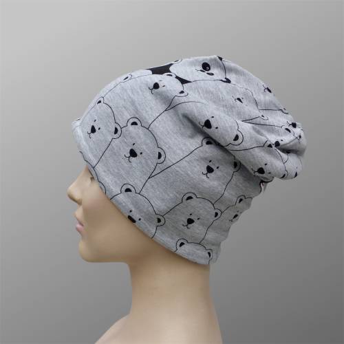 Kinder-Winter-Mütze, Long-Beanie mit Bären, warme Wendebeanie, Jersey mit Fleece gefüttert, Gr 53/54/55/56/57cm