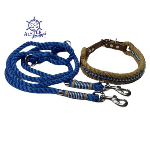 Leine Halsband Set verstellbar f. kleine Hunde, natur, blau, weiß, beige, Wunschlänge