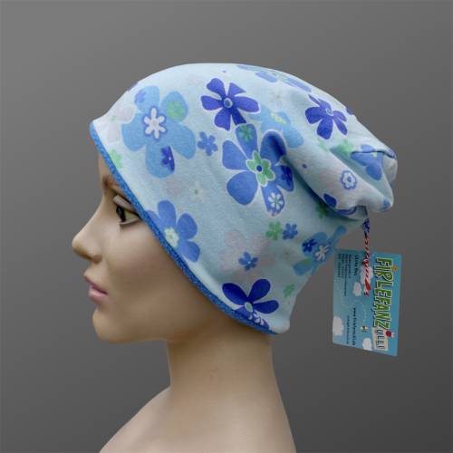 Kinder-Winter-Mütze, blaue Long-Beanie mit Blumen, warme Wendebeanie, Jersey mit Fleece gefüttert, Gr 53/54/55/56/57cm