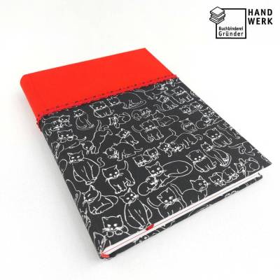 Notizbuch, hell-rot, Katze schwarz weiß, A5, 300 Seiten, handgefertigt, Hardcover, Recyclingpapier