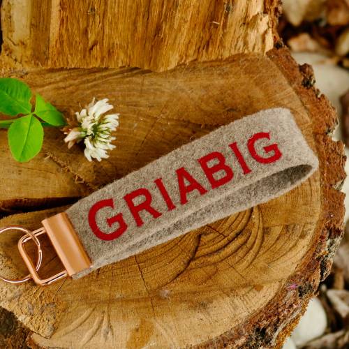 Schlüsselanhänger, Schlüsselband aus Wollfilz mit Aufschrift 'Griabig', Mitbringsel, Bayerischer Schlüsselanhäng