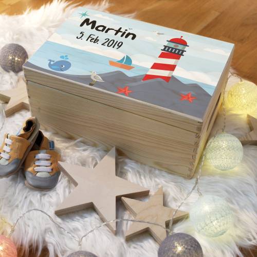 Erinnerungskiste Baby, Holz-Erinnerungsbox, personalisiertes Geschenk zur Geburt, Spielzeugkiste aus Holz, Maritim