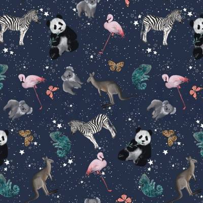 French Terry "Animals", Bio-Baumwolle GOTS, marine-bunt, 148 cm breit, Meterware, Preis pro 0,5 lfdm