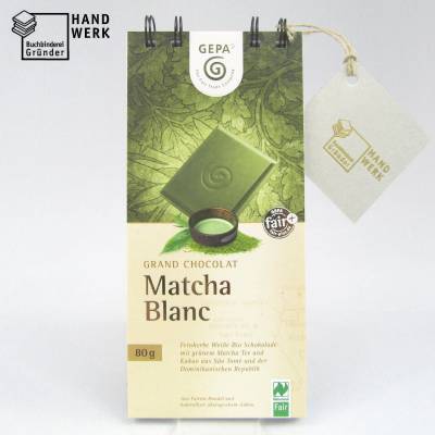Notizblock, Upcycling originale Verpackung Schokolade Matcha Blanc, Recyclingpapier