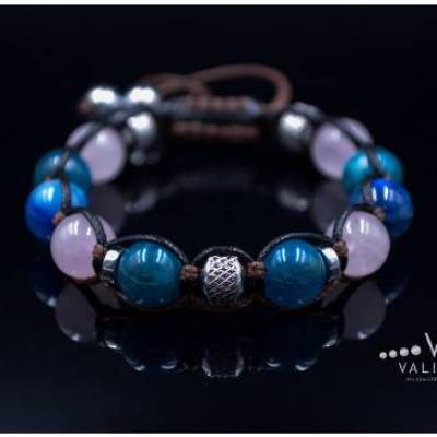 Damen Armband aus Edelsteinen Aquamarin Apatit Quarz Kyanit und Hämatit, Makramee Armband, LIMITED EDITION, 10 mm