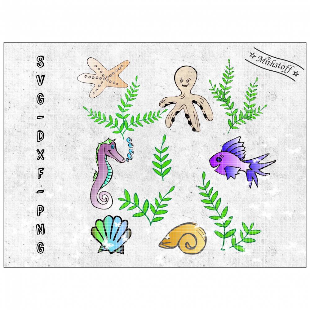 Plotterdatei - SVG - DXF - PNG - Datei - Unterwasserwelt - Fisch - Seepferdchen - Seestern - Muschel Bild 1