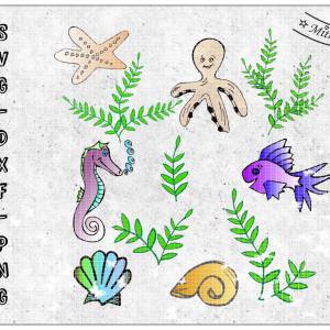Plotterdatei - SVG - DXF - PNG - Datei - Unterwasserwelt - Fisch - Seepferdchen - Seestern - Muschel