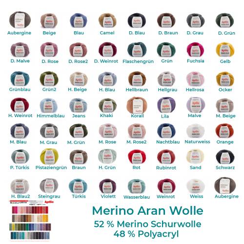 Merino Aran-Wolle-52 Prozent Schurwolle-48 Prozent Polyacryl-100 g je Knäuel-155 m Lauflänge-55 Farben