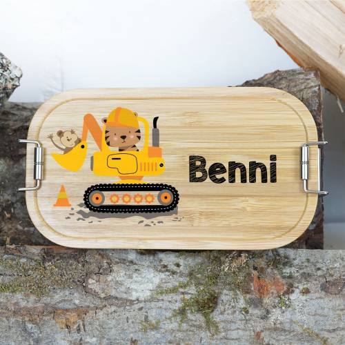 Lunchbox personalisiert, Brotdose für Kinder bedruckt mit Name, Brotbox für Kindergarten, Edelstahldose mit Bambusdeckel
