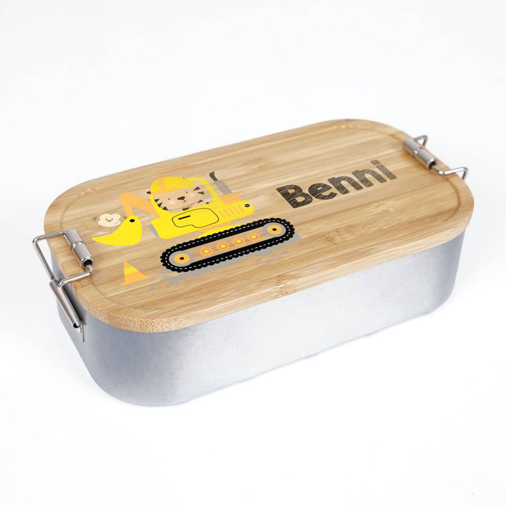 Lunchbox personalisiert, Brotdose für Kinder bedruckt mit Name, Brotbox für Kindergarten, Edelstahldose mit Bambusdeckel Bild 2
