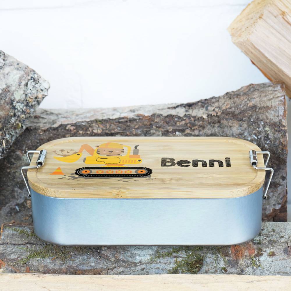 Lunchbox personalisiert, Brotdose für Kinder bedruckt mit Name, Brotbox für Kindergarten, Edelstahldose mit Bambusdeckel Bild 3