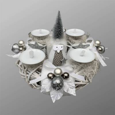 Adventskranz aus Holz / Weide in Weiß-Silber mit Eule