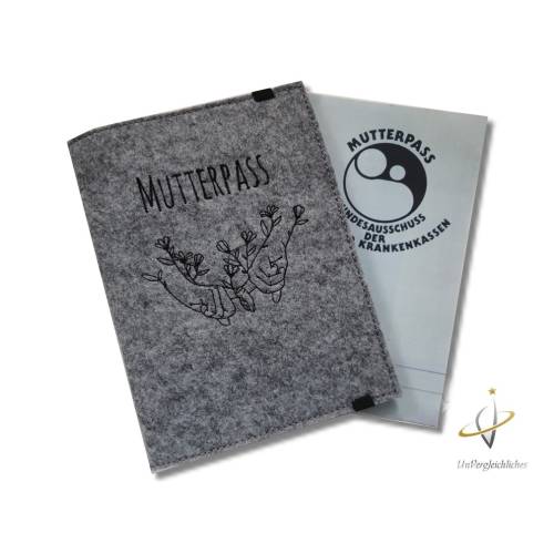 Mutterpasshülle personalisierbar Filzhülle Mutterpass OneLine ArtLine Hände baby grau meliert