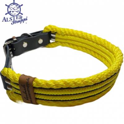 Hundehalsband, Tauhalsband, gedrehtes Tau, gelb, schwarz, 4 fach, breit, verstellbar mit Schnalle und Leder 