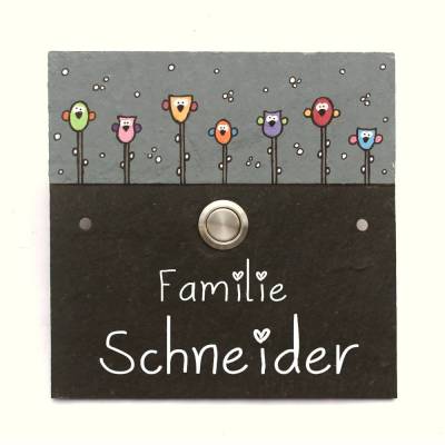 Klingelschild Schiefer „Verrückte Vögel“ – Handbemaltes Namensschild mit Wunschtext & Klingelknopf