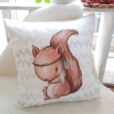 Kissen Eichhörnchen, Dekokissen, Kuschelkissen, Zierkissen,  40x40 cm, Boho
