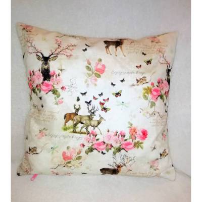 Kissenbezug, Hirsch mit Rosen, Landhausstil, Leinenoptik, 40x40cm