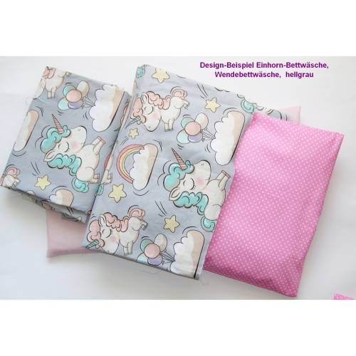 Puppenbettzeug, 5-teilig, Wende-Bettwäsche Einhorn, Bettwäsche, Puppenbett, Wendebettwäsche, Puppenkissen, Kissenbezüg