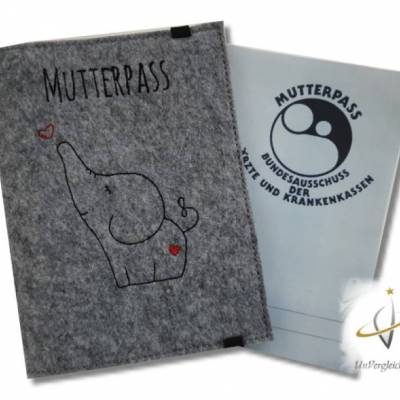 Mutterpasshülle personalisierbar Filzhülle Mutterpass OneLine ArtLine Elefant grau meliert