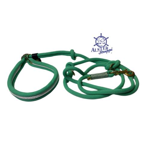 Retrieverleine, Hundleine aus Tau, mint, schwarz, weiß, Messing Beschläge, mit Stopper 
