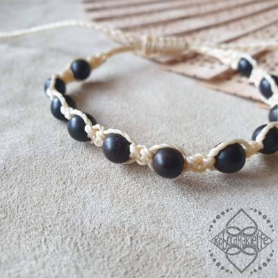 Armband mit schwarzen Sandelholz-Perlen in beige - extra groß/lang - Unisex - größenverstellbar - Makramee