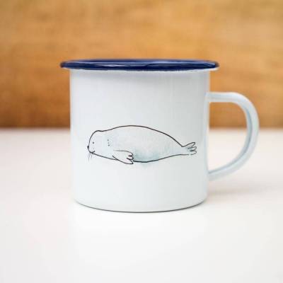 Emaille-Tasse Robbe, Geschenk Tasse mit süßer Robbe, Kindertasse zum Geburtstag, Personalisierbar