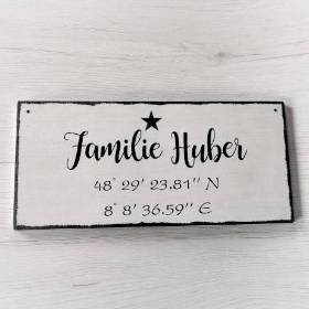Türschild Holzschild Namensschild/Vornamen mit deinen Koordinaten und grauem Stern individuell personalisiert 