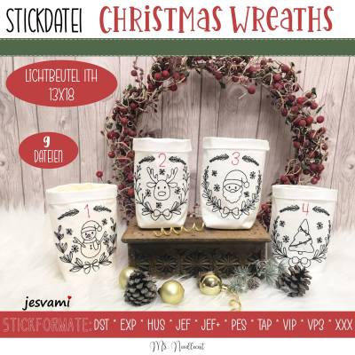 Digitale Stickserie Christmas Wreaths Lichtbeutel ITH 13x18 cm (5x7")