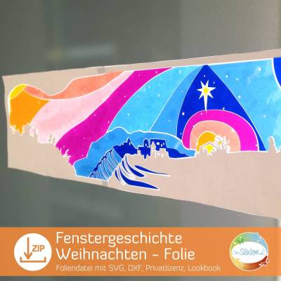 Plotterdatei Fensterbild, Folienbild 4-teilig oder am Stück, Fenstergeschichte Weihnachten, Weihnachtsschmuck basteln