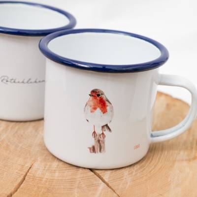 Emaille-Tasse Rotkehlchen, Geschenk Tasse mit Vogel Illustration, personalisierbar