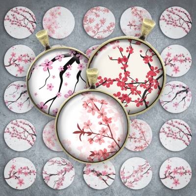 307 - Cabochon Vorlagen, 25mm 18mm 14mm 12mm, rund, Cabochon Motive, Bottle Cap images Hanami Sakura Kirschblüte
