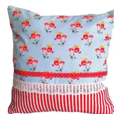 Kissenbezug Rosen, Shabby Chic, hellblau, rot-weiß gestreift, Baumwolle, 40x40cm