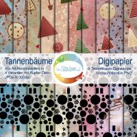 Digipapier Tannenbäume Weihnachten, inkl. Tannenbaum-Digistamps und Schneidedatei, vier weihnachtliche Digi-Paper