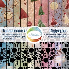 Digipapier Tannenbäume Weihnachten, inkl. Tannenbaum-Digistamps und Schneidedatei, vier weihnachtliche Digi-Paper