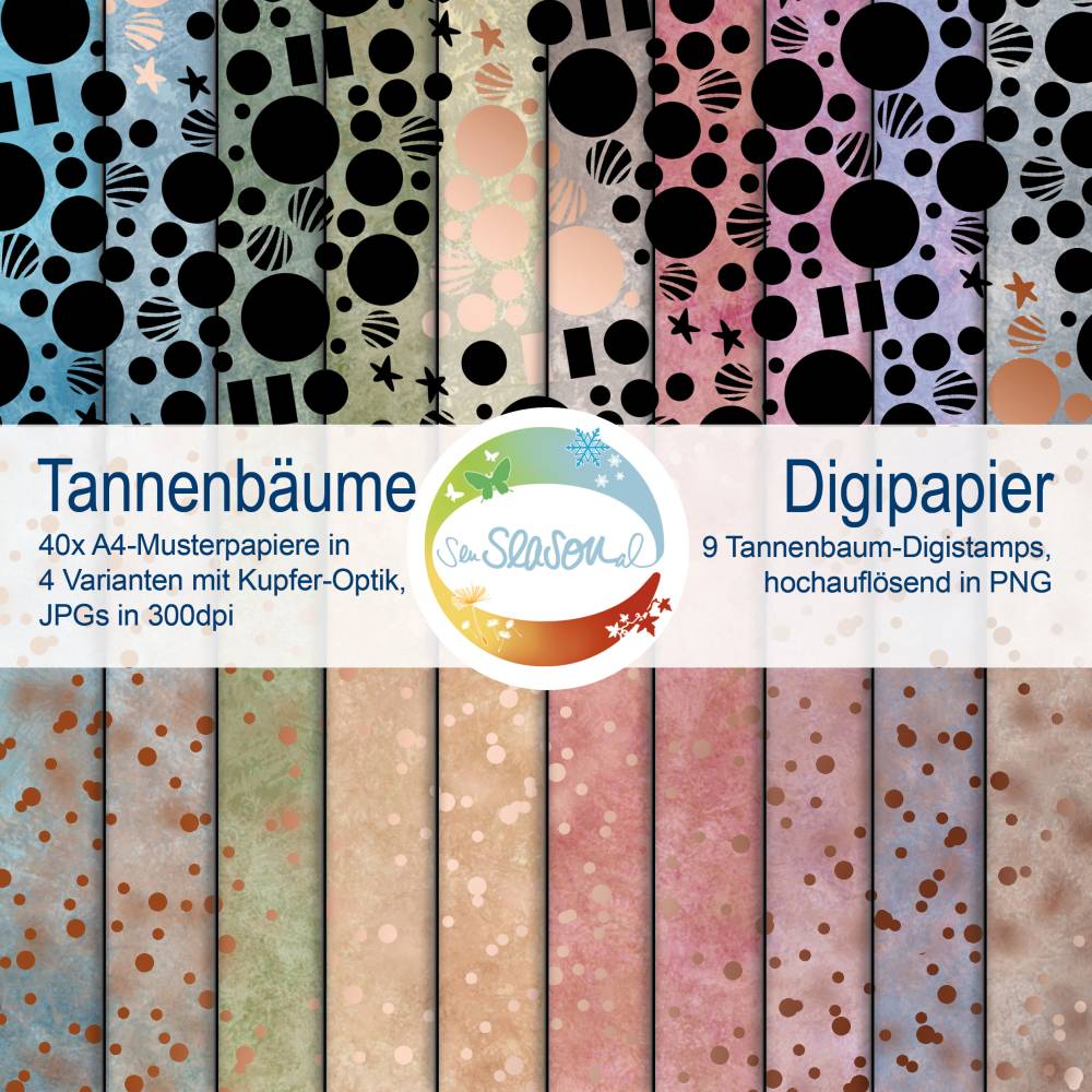 Digipapier Tannenbäume Weihnachten, inkl. Tannenbaum-Digistamps und Schneidedatei, vier weihnachtliche Digi-Paper Bild 2